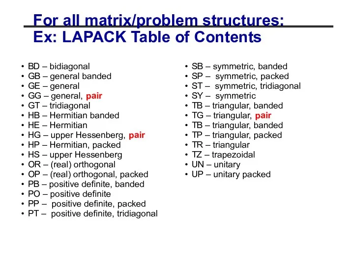 For all matrix/problem structures: Ex: LAPACK Table of Contents BD –