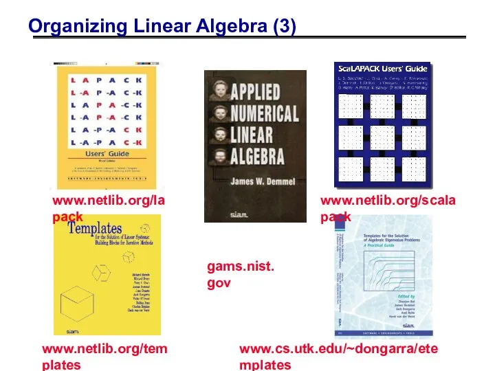 Organizing Linear Algebra (3) www.netlib.org/lapack www.netlib.org/scalapack www.cs.utk.edu/~dongarra/etemplates www.netlib.org/templates gams.nist.gov