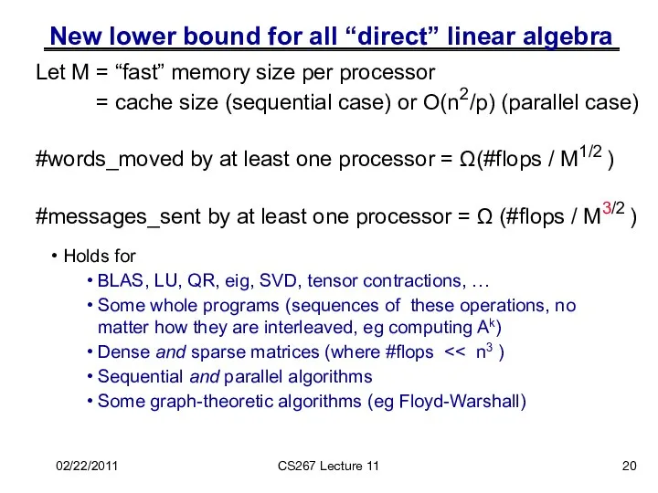New lower bound for all “direct” linear algebra Holds for BLAS,