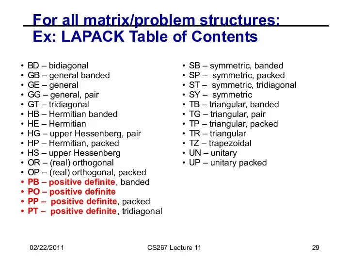 For all matrix/problem structures: Ex: LAPACK Table of Contents BD –
