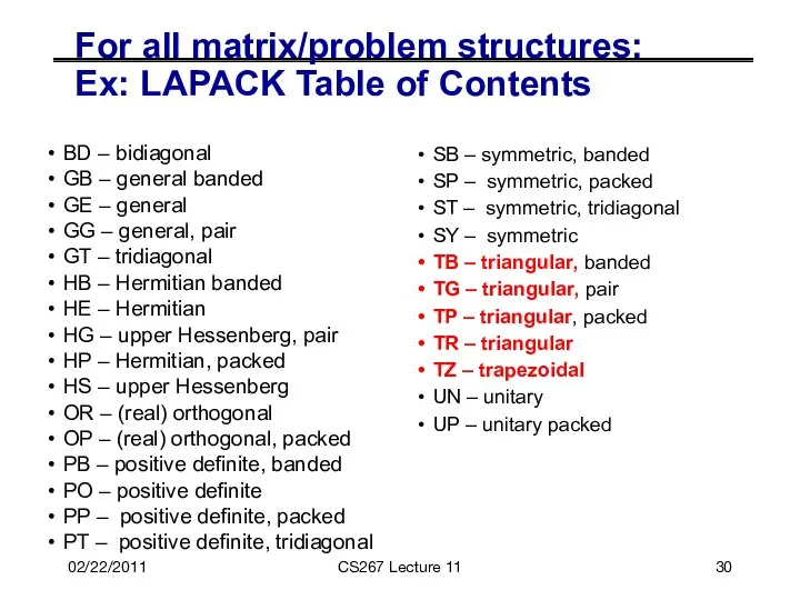 For all matrix/problem structures: Ex: LAPACK Table of Contents BD –