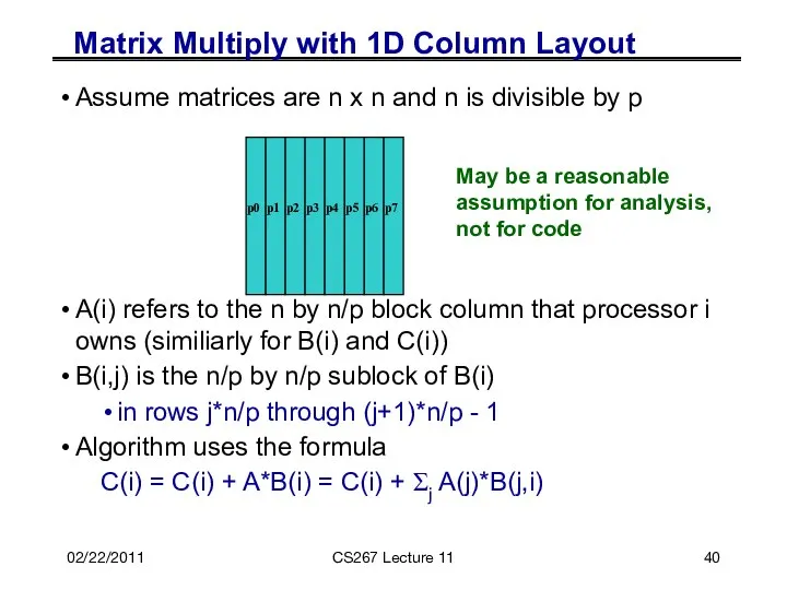 02/22/2011 CS267 Lecture 11 Matrix Multiply with 1D Column Layout Assume