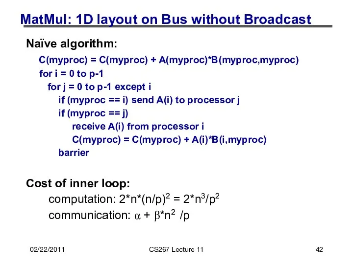 02/22/2011 CS267 Lecture 11 MatMul: 1D layout on Bus without Broadcast