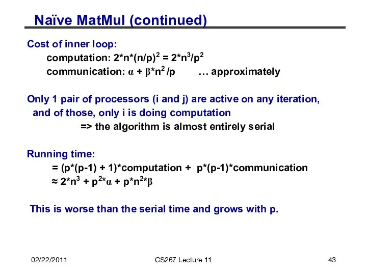 02/22/2011 CS267 Lecture 11 Naïve MatMul (continued) Cost of inner loop: