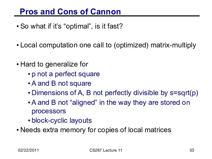 02/22/2011 CS267 Lecture 11 Pros and Cons of Cannon So what