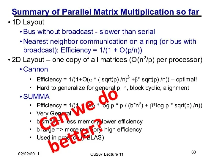 02/22/2011 CS267 Lecture 11 Summary of Parallel Matrix Multiplication so far