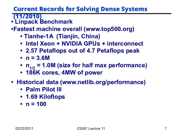 02/22/2011 CS267 Lecture 11 Current Records for Solving Dense Systems (11/2010)