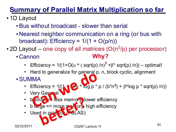 02/22/2011 CS267 Lecture 11 Summary of Parallel Matrix Multiplication so far