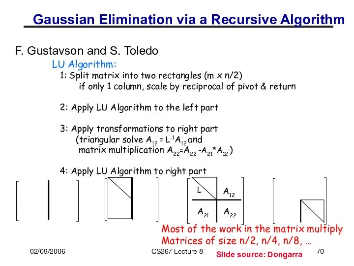 02/09/2006 CS267 Lecture 8 LU Algorithm: 1: Split matrix into two