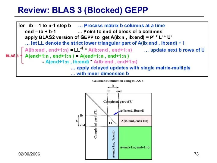02/09/2006 CS267 Lecture 8 Review: BLAS 3 (Blocked) GEPP for ib