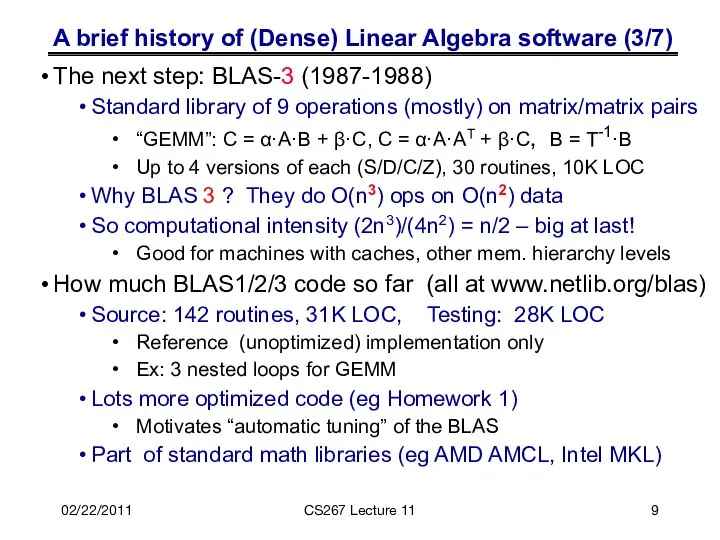 A brief history of (Dense) Linear Algebra software (3/7) The next