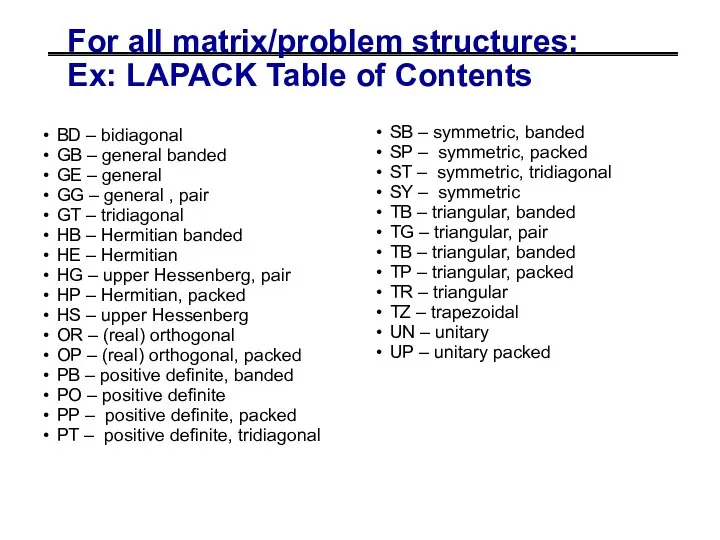 For all matrix/problem structures: Ex: LAPACK Table of Contents BD –
