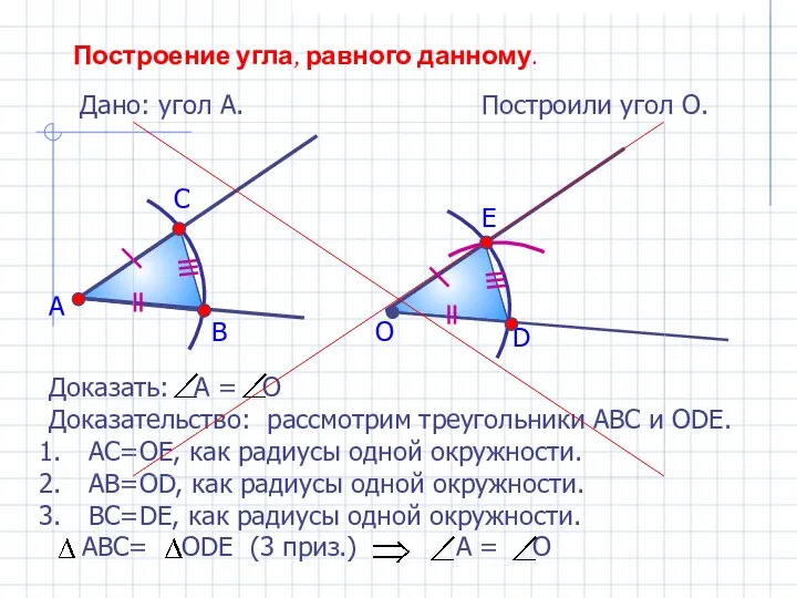 Построение угла, равного данному. Дано: угол А. А Построили угол О.