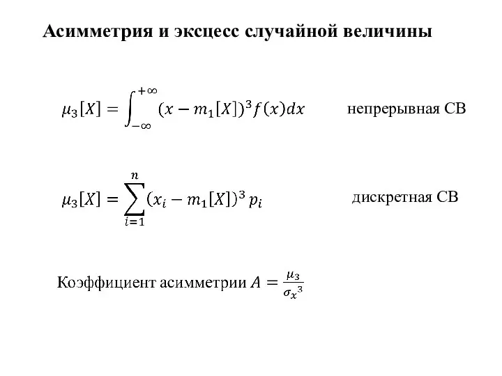 Асимметрия и эксцесс случайной величины непрерывная СВ дискретная СВ