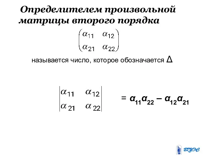 Определителем произвольной матрицы второго порядка называется число, которое обозначается Δ = α11α22 – α12α21