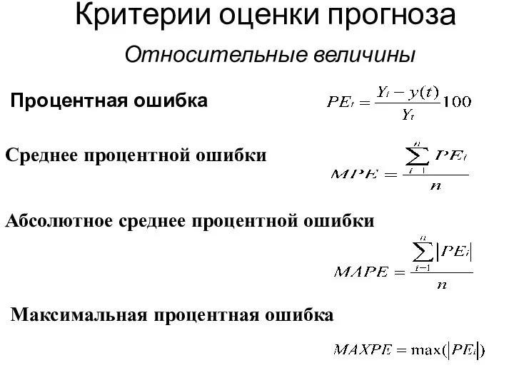 Критерии оценки прогноза Относительные величины Процентная ошибка Среднее процентной ошибки Абсолютное