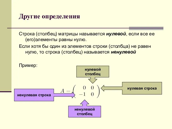 Другие определения Строка (столбец) матрицы называется нулевой, если все ее (его)элементы