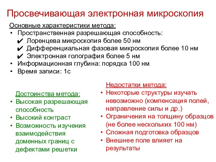 Просвечивающая электронная микроскопия Основные характеристики метода: Пространственная разрешающая способность: Лоренцева микроскопия