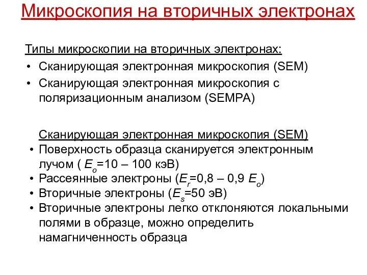 Микроскопия на вторичных электронах Типы микроскопии на вторичных электронах: Сканирующая электронная