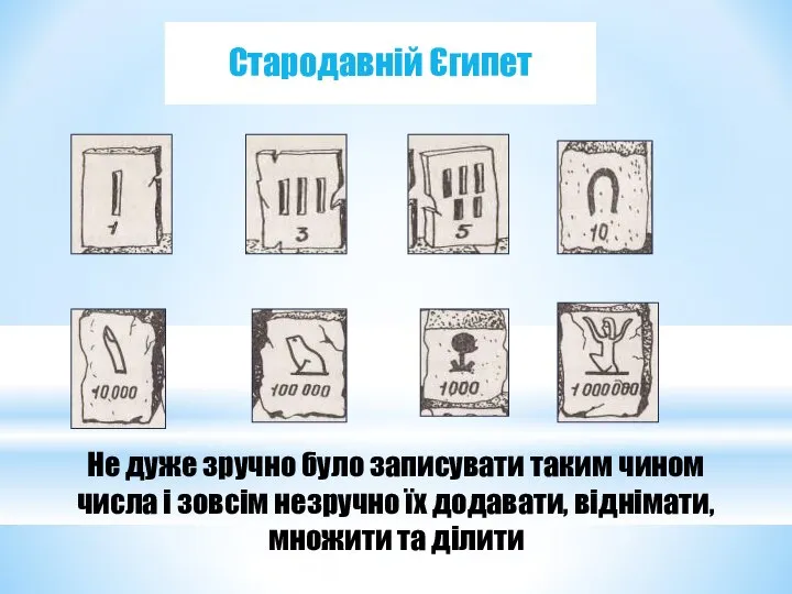 Стародавній Єгипет Не дуже зручно було записувати таким чином числа і