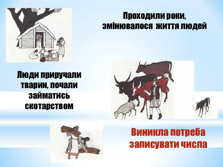 Проходили роки, змінювалося життя людей Виникла потреба записувати числа Люди приручали тварин, почали займатись скотарством