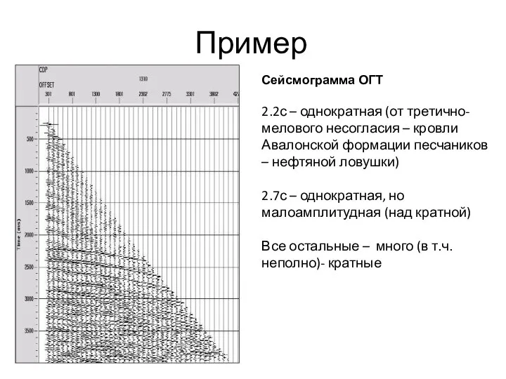 Пример Сейсмограмма ОГТ 2.2с – однократная (от третично-мелового несогласия – кровли