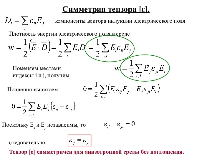 Симметрия тензора [ε]. – компоненты вектора индукции электрического поля Плотность энергии