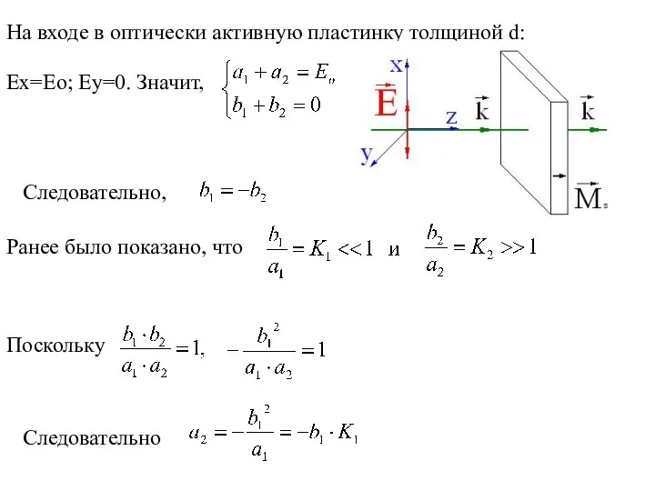 На входе в оптически активную пластинку толщиной d: Следовательно, Ранее было