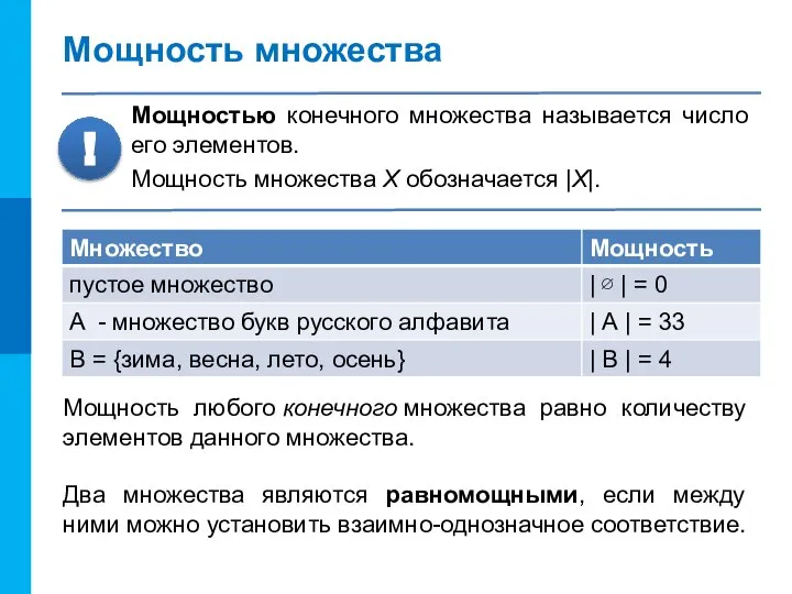 Мощность множества Мощностью конечного множества называется число его элементов. Мощность множества