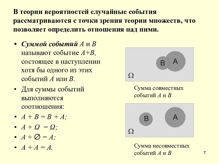 В теории вероятностей случайные события рассматриваются с точки зрения теории множеств,