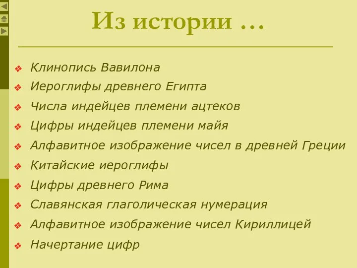 Из истории … Иероглифы древнего Египта Числа индейцев племени ацтеков Цифры