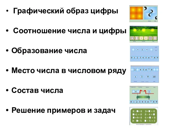 Графический образ цифры Соотношение числа и цифры Образование числа Место числа