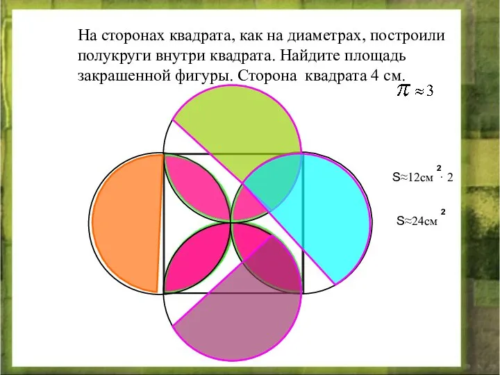 На сторонах квадрата, как на диаметрах, построили полукруги внутри квадрата. Найдите