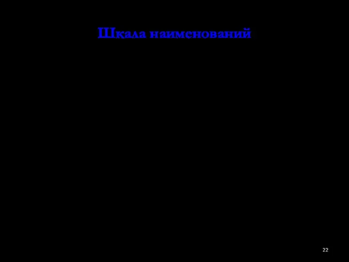 Шкала наименований В этой шкале числа присвоенные объектам говорят только лишь