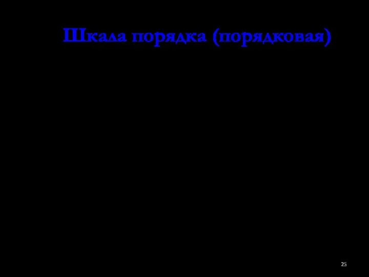 Шкала порядка (порядковая) Числа, присвоенные объектам в этой шкале, будут говорить