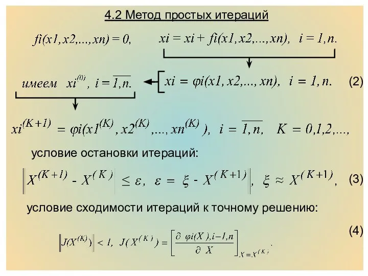 4.2 Метод простых итераций (2) условие остановки итераций: (3) условие сходимости итераций к точному решению: (4)