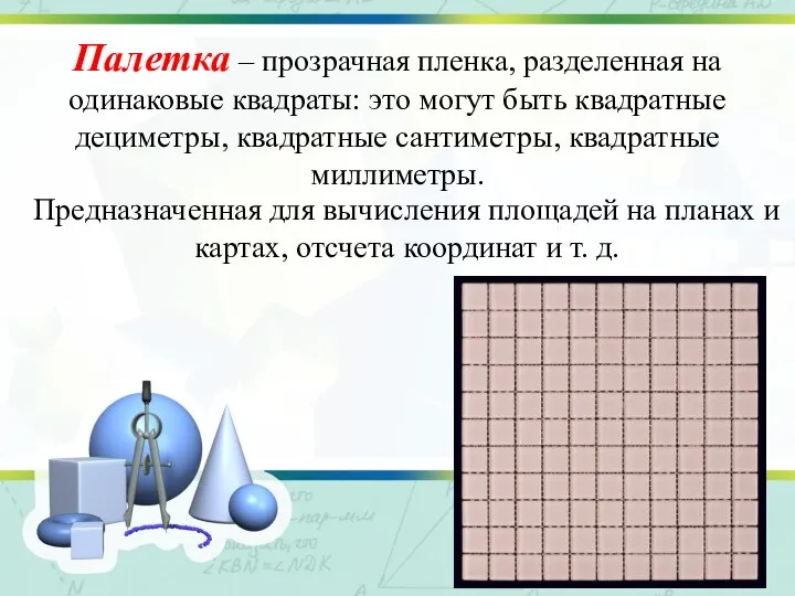 Палетка – прозрачная пленка, разделенная на одинаковые квадраты: это могут быть