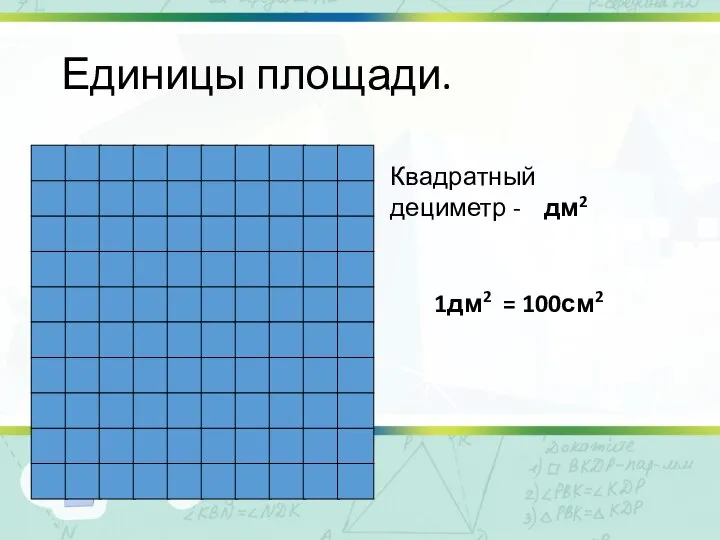 Единицы площади. Квадратный дециметр - дм2 1дм2 = 100см2