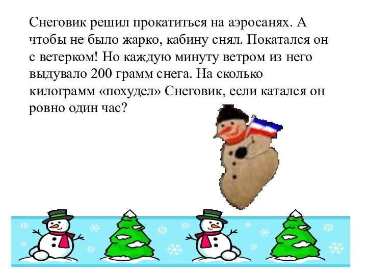 Снеговик решил прокатиться на аэросанях. А чтобы не было жарко, кабину