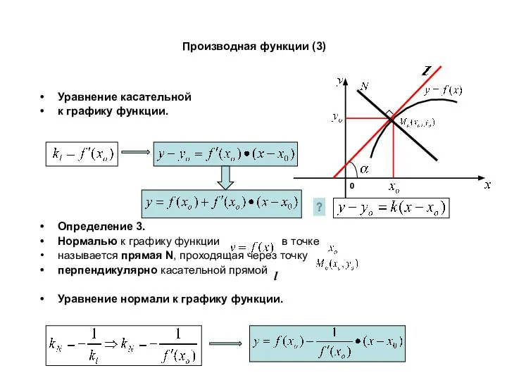 Уравнение касательной к графику функции. Определение 3. Нормалью к графику функции