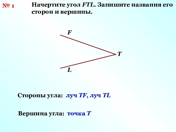 № 1 Начертите угол FTL. Запишите названия его сторон и вершины.