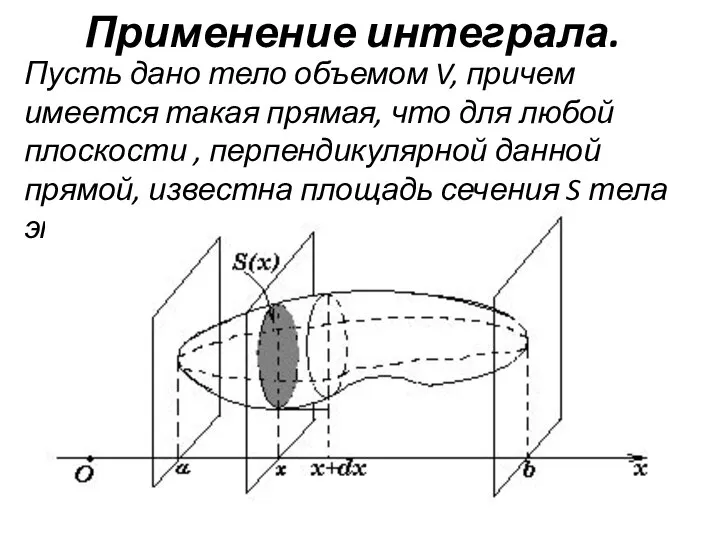 Применение интеграла. Пусть дано тело объемом V, причем имеется такая прямая,