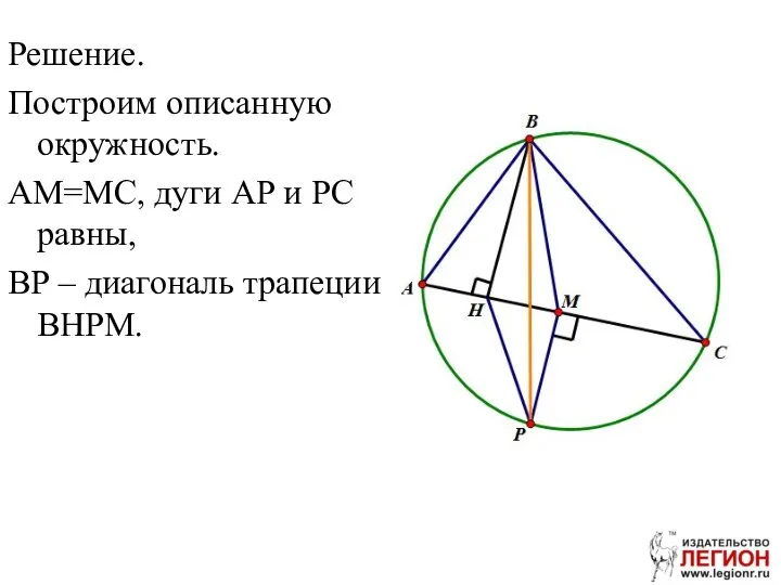 Решение. Построим описанную окружность. АМ=МС, дуги АР и РС равны, ВР – диагональ трапеции ВНРМ.