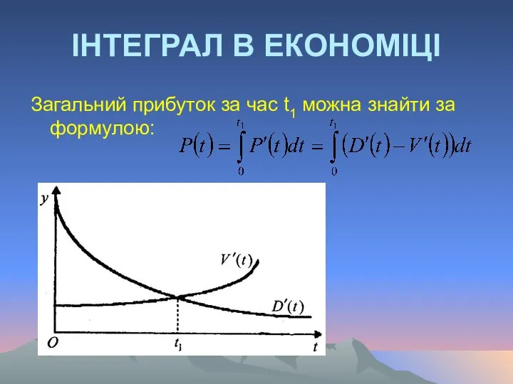 ІНТЕГРАЛ В ЕКОНОМІЦІ Загальний прибуток за час t1 можна знайти за формулою: