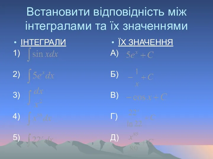 Встановити відповідність між інтегралами та їх значеннями ІНТЕГРАЛИ 1) 2) 3)