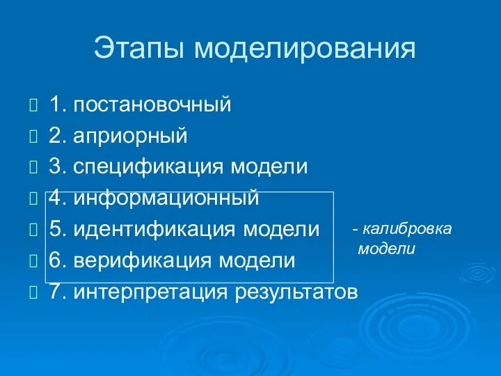 Этапы моделирования 1. постановочный 2. априорный 3. спецификация модели 4. информационный