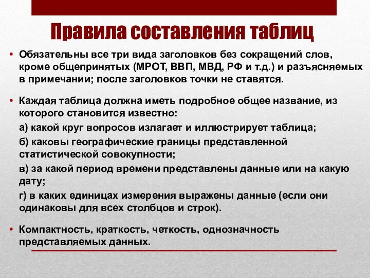 Правила составления таблиц Обязательны все три вида заголовков без сокращений слов,