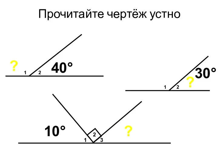 Прочитайте чертёж устно 2 1 2 1 40° ? ? 1 2 3 30° 10° ?