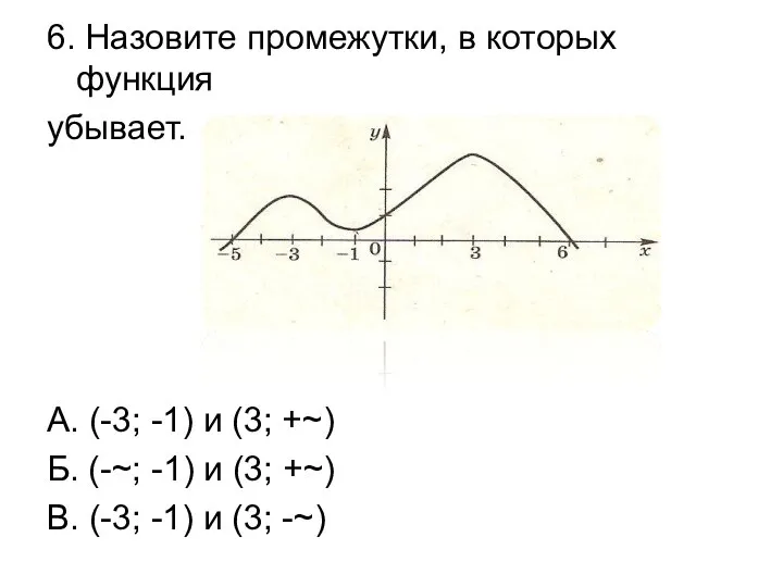 6. Назовите промежутки, в которых функция убывает. А. (-3; -1) и