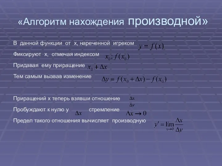 «Алгоритм нахождения производной» В данной функции от x, нареченной игреком Фиксируют